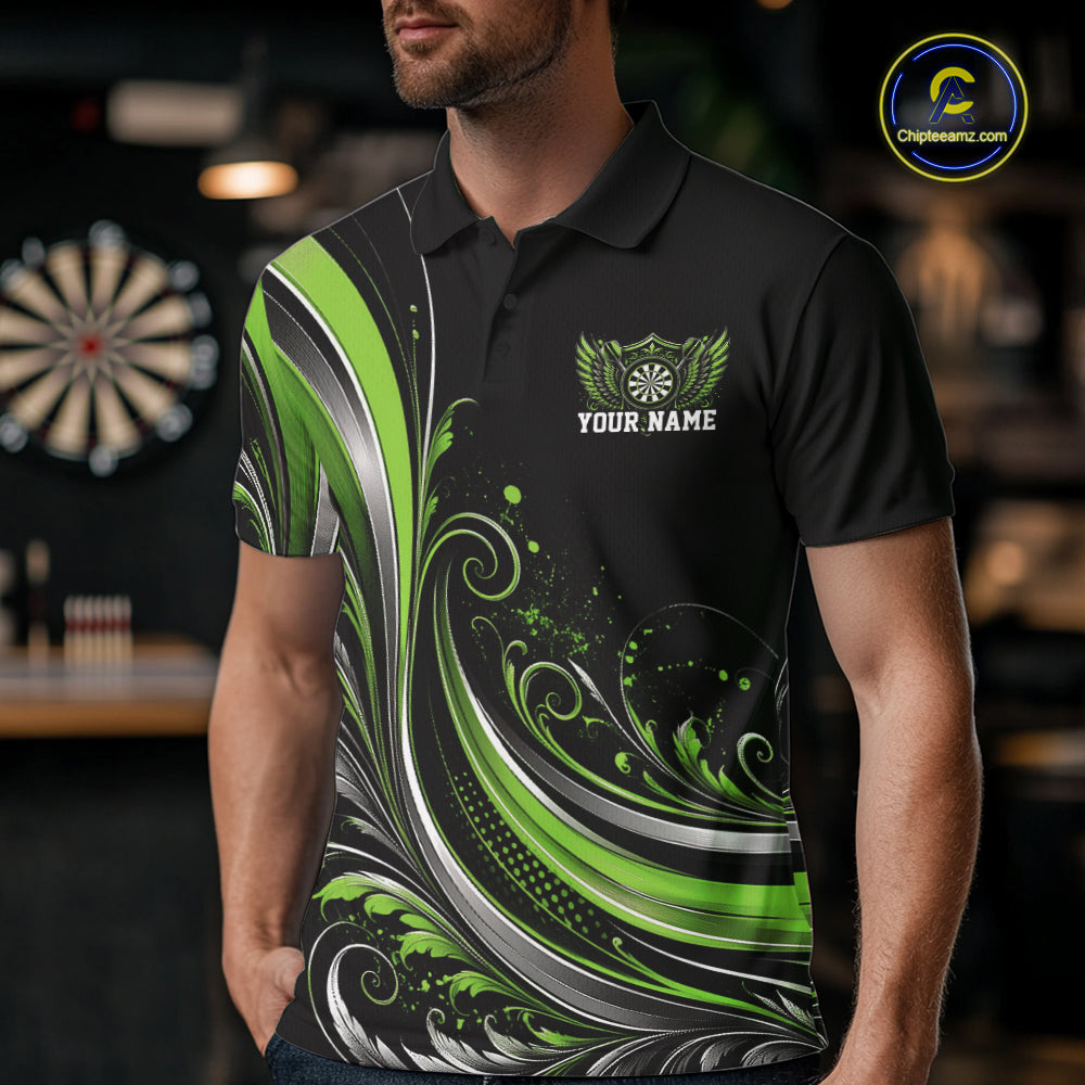 Custom Green Swirls Crossed Darts And Dartboard Crest With Wings Men Polo Dart Shirt IPHW12091
