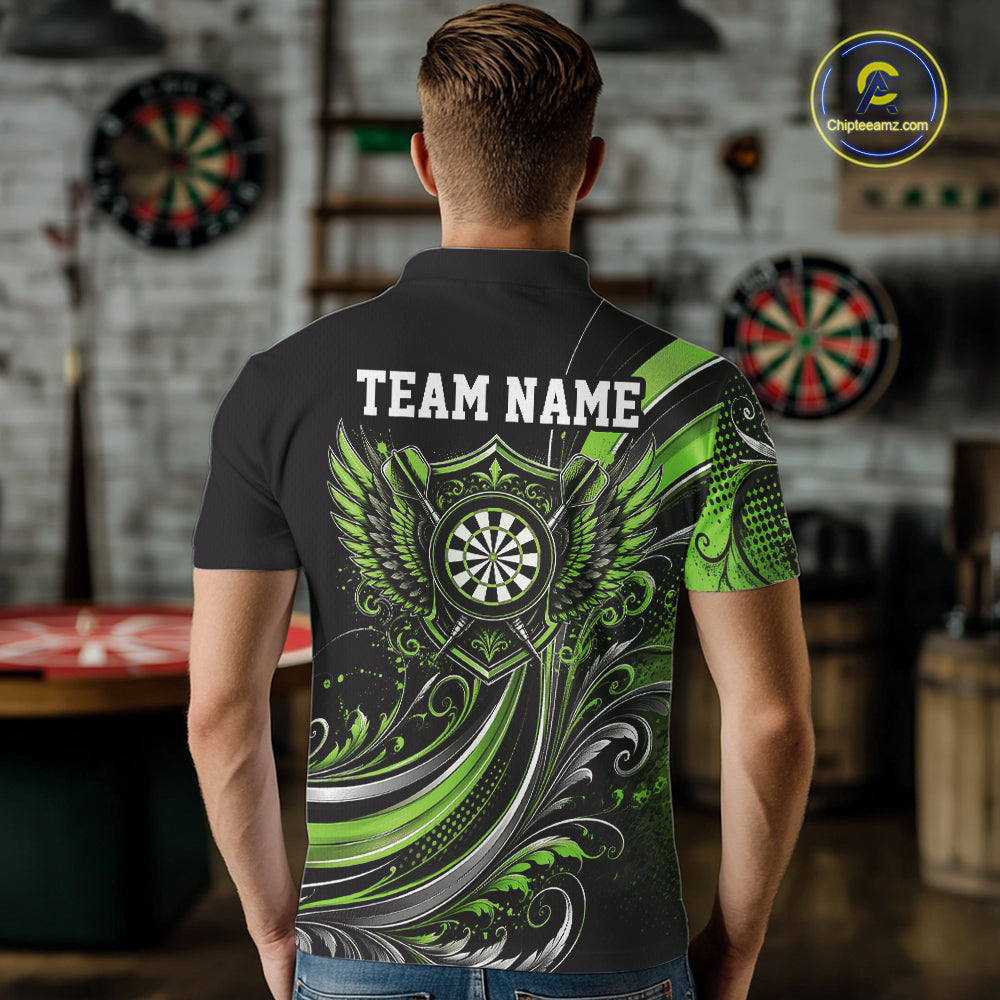 Custom Green Swirls Crossed Darts And Dartboard Crest With Wings Men Polo Dart Shirt IPHW12091