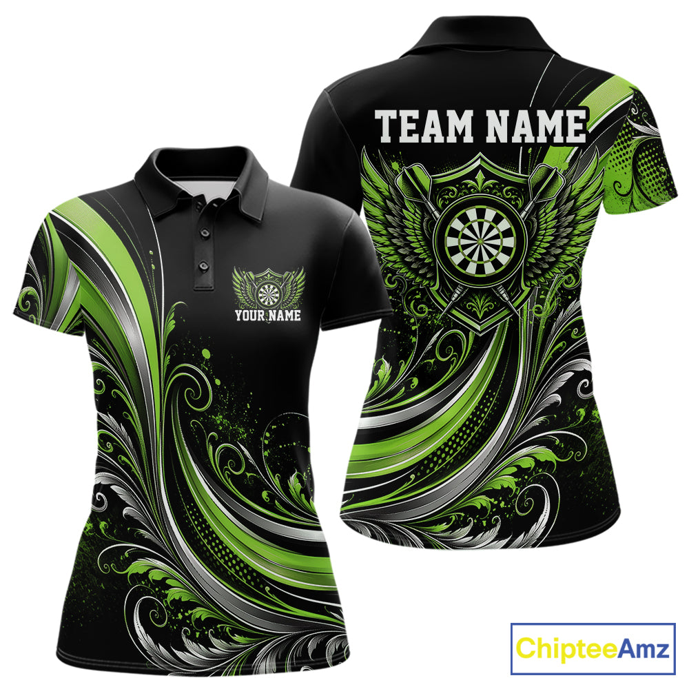 Custom Green Swirls Crossed Darts And Dartboard Crest With Wings Women Polo Dart Shirt IPHW12091