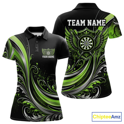 Custom Green Swirls Crossed Darts And Dartboard Crest With Wings Women Polo Dart Shirt IPHW12091