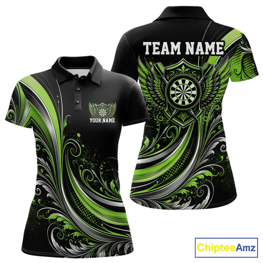 Custom Green Swirls Crossed Darts And Dartboard Crest With Wings Women Polo Dart Shirt IPHW12091