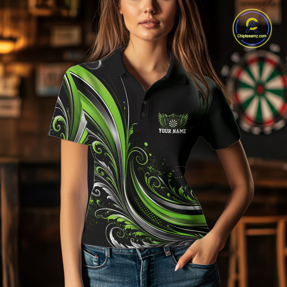 Custom Green Swirls Crossed Darts And Dartboard Crest With Wings Women Polo Dart Shirt IPHW12091