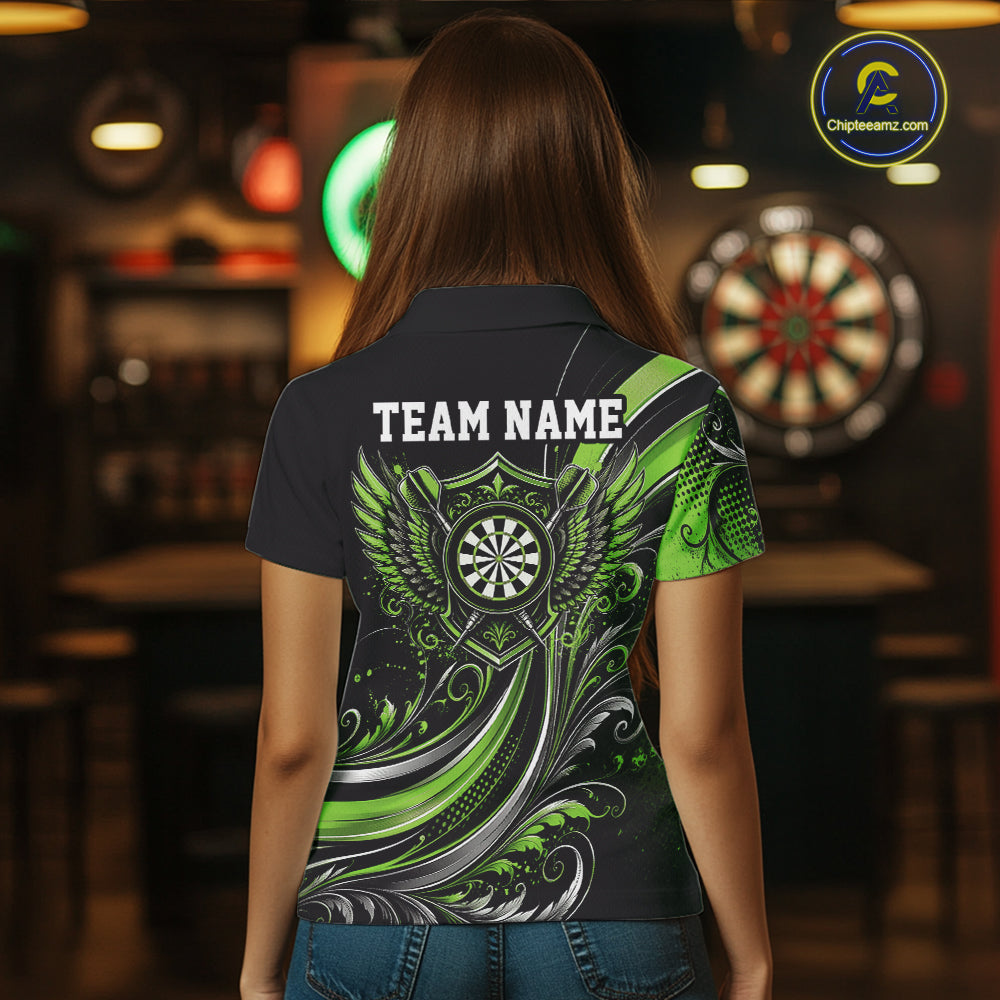 Custom Green Swirls Crossed Darts And Dartboard Crest With Wings Women Polo Dart Shirt IPHW12091