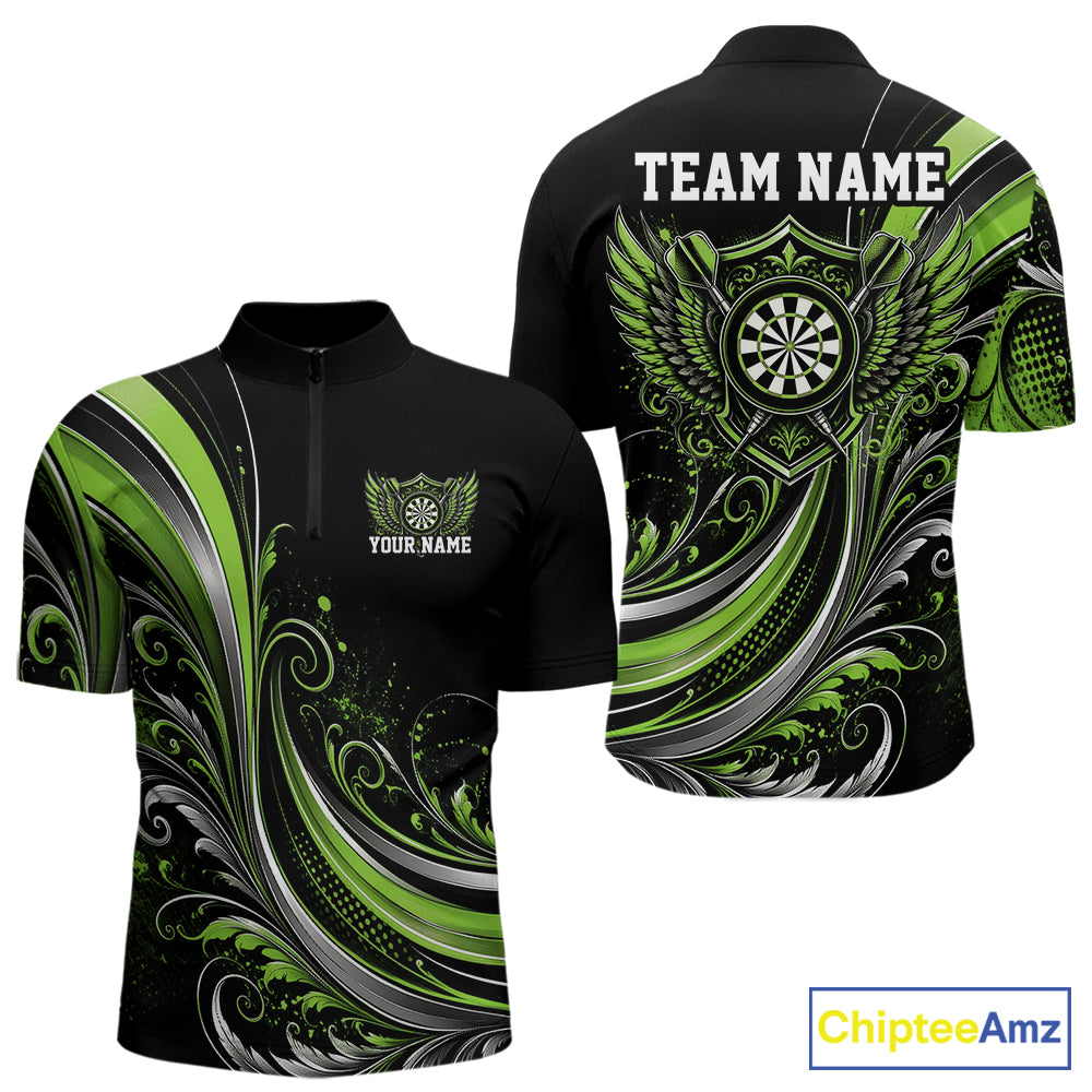 Custom Green Swirls Crossed Darts And Dartboard Crest With Wings Men Quarter Zip Dart Shirt IPHW12091