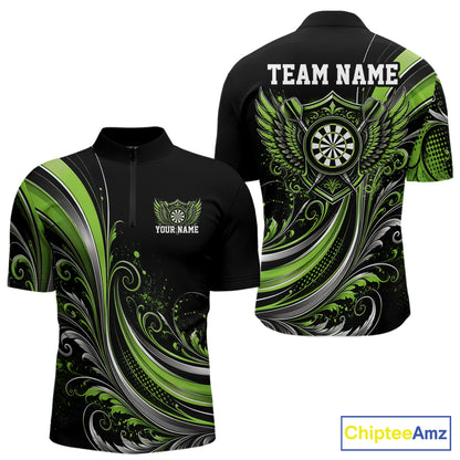 Custom Green Swirls Crossed Darts And Dartboard Crest With Wings Men Quarter Zip Dart Shirt IPHW12091