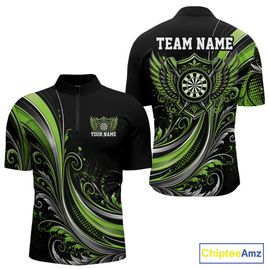 Custom Green Swirls Crossed Darts And Dartboard Crest With Wings Men Quarter Zip Dart Shirt IPHW12091