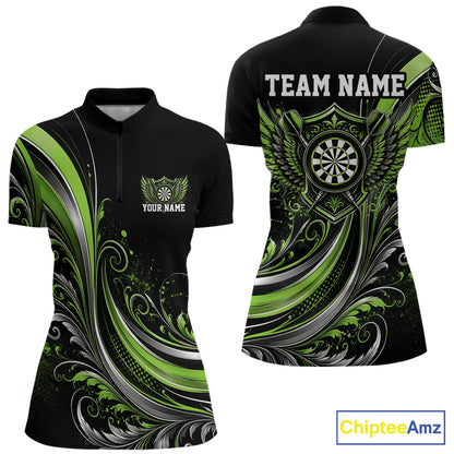 Custom Green Swirls Crossed Darts And Dartboard Crest With Wings Women Dart Shirt IPHW12091