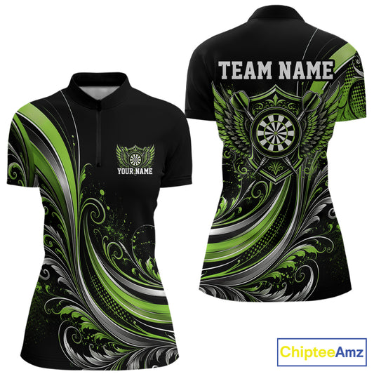 Custom Green Swirls Crossed Darts And Dartboard Crest With Wings Women Dart Shirt IPHW12091