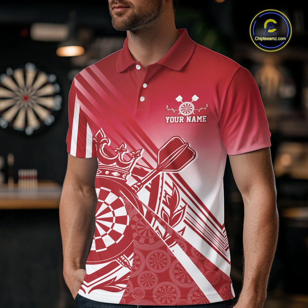 Custom Red Dartboard Crest With Crown And Crossed Darts Men Polo Shirt, Dart Jersey IPHW12092