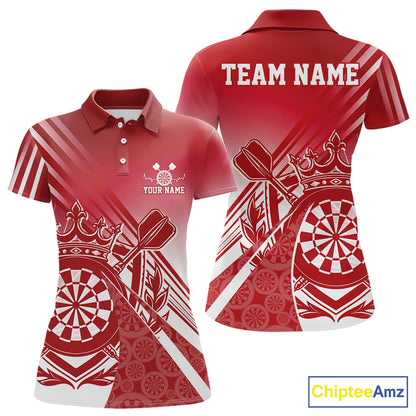 Custom Red Dartboard Crest With Crown And Crossed Darts Women Polo Shirt, Dart Jersey IPHW12092