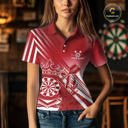 Custom Red Dartboard Crest With Crown And Crossed Darts Women Polo Shirt, Dart Jersey IPHW12092