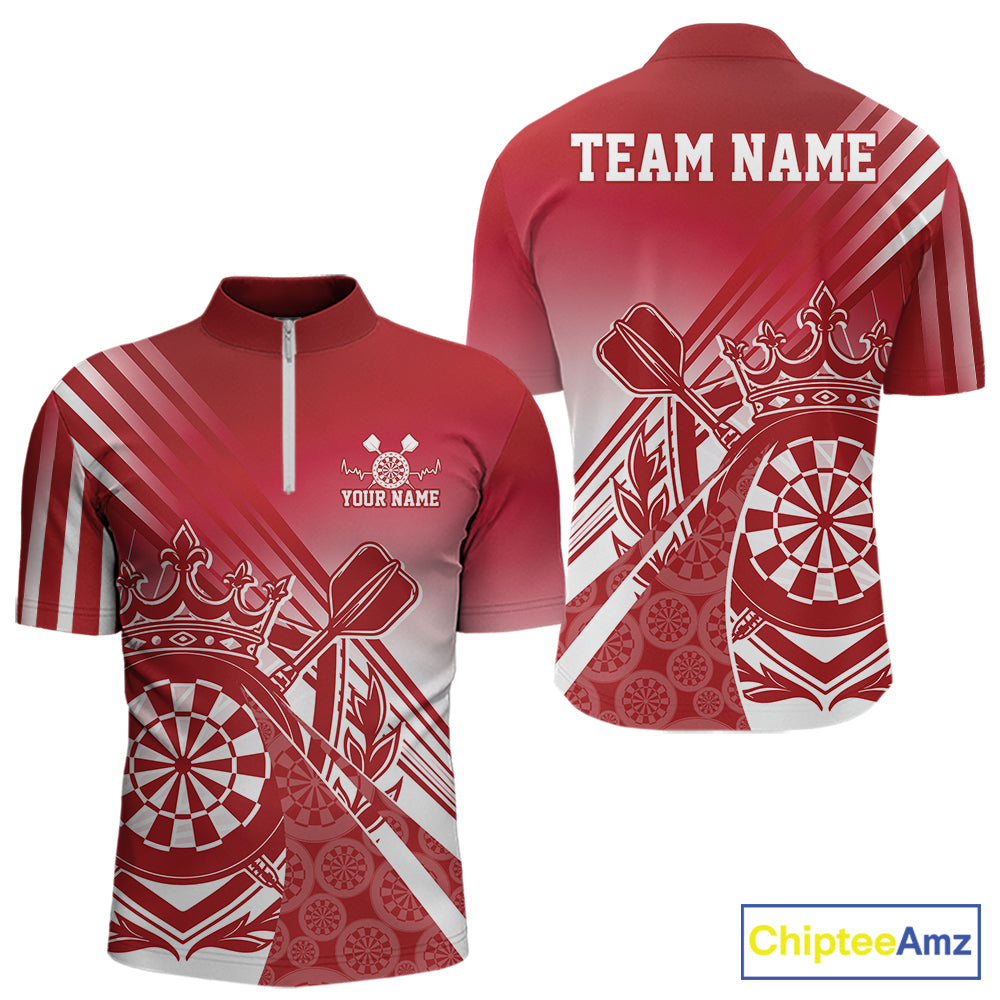Custom Red Dartboard Crest With Crown And Crossed Darts Men Quarter Zip Shirt, Dart Jersey IPHW12092