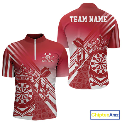 Custom Red Dartboard Crest With Crown And Crossed Darts Men Quarter Zip Shirt, Dart Jersey IPHW12092
