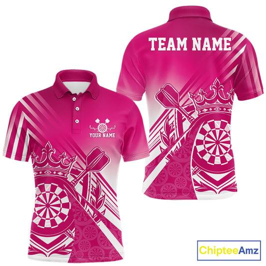 Custom Pink Dartboard Crest With Crown And Crossed Darts Men Polo Shirt, Dart Jersey IPHW12093