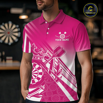 Custom Pink Dartboard Crest With Crown And Crossed Darts Men Polo Shirt, Dart Jersey IPHW12093