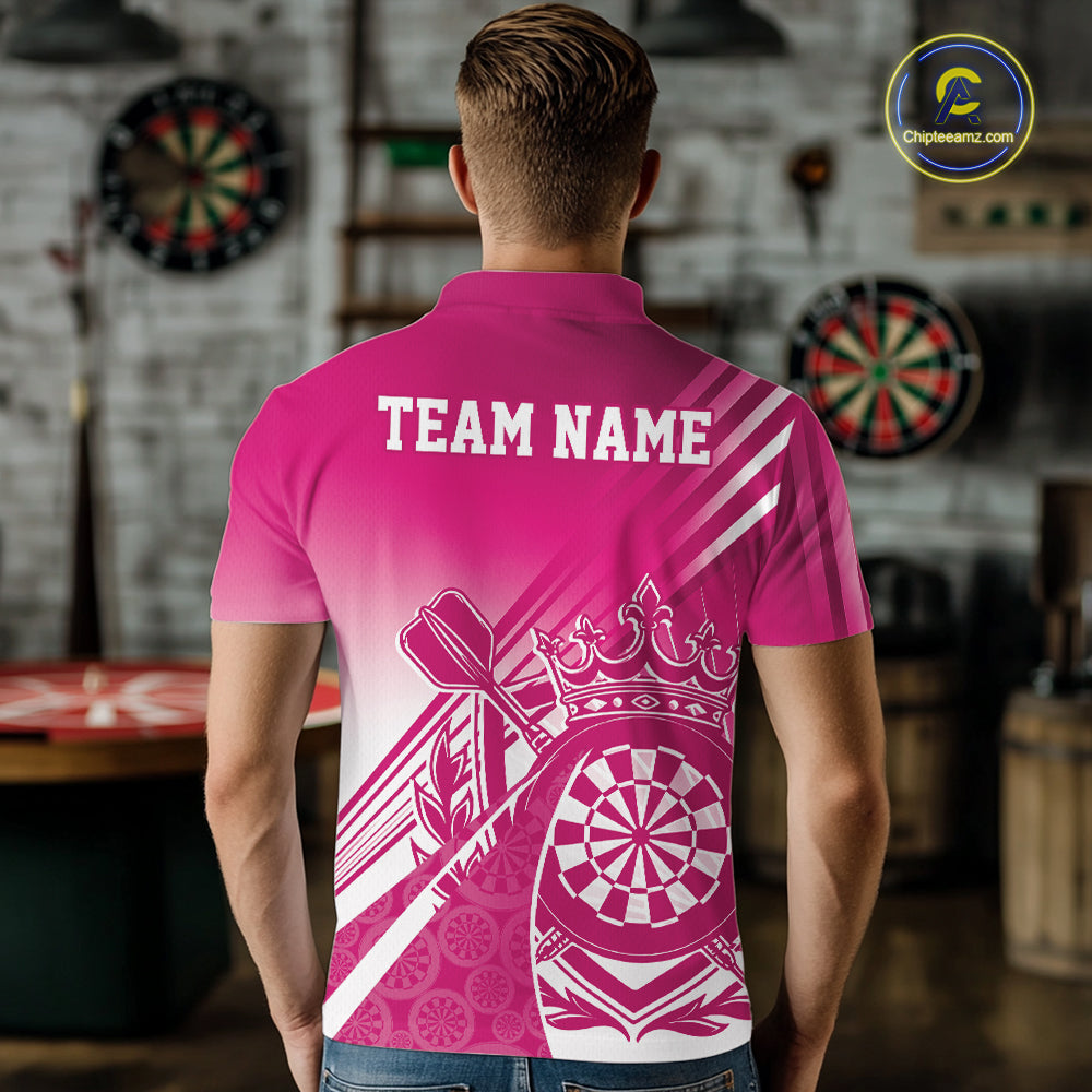 Custom Pink Dartboard Crest With Crown And Crossed Darts Men Polo Shirt, Dart Jersey IPHW12093