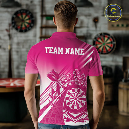 Custom Pink Dartboard Crest With Crown And Crossed Darts Men Polo Shirt, Dart Jersey IPHW12093