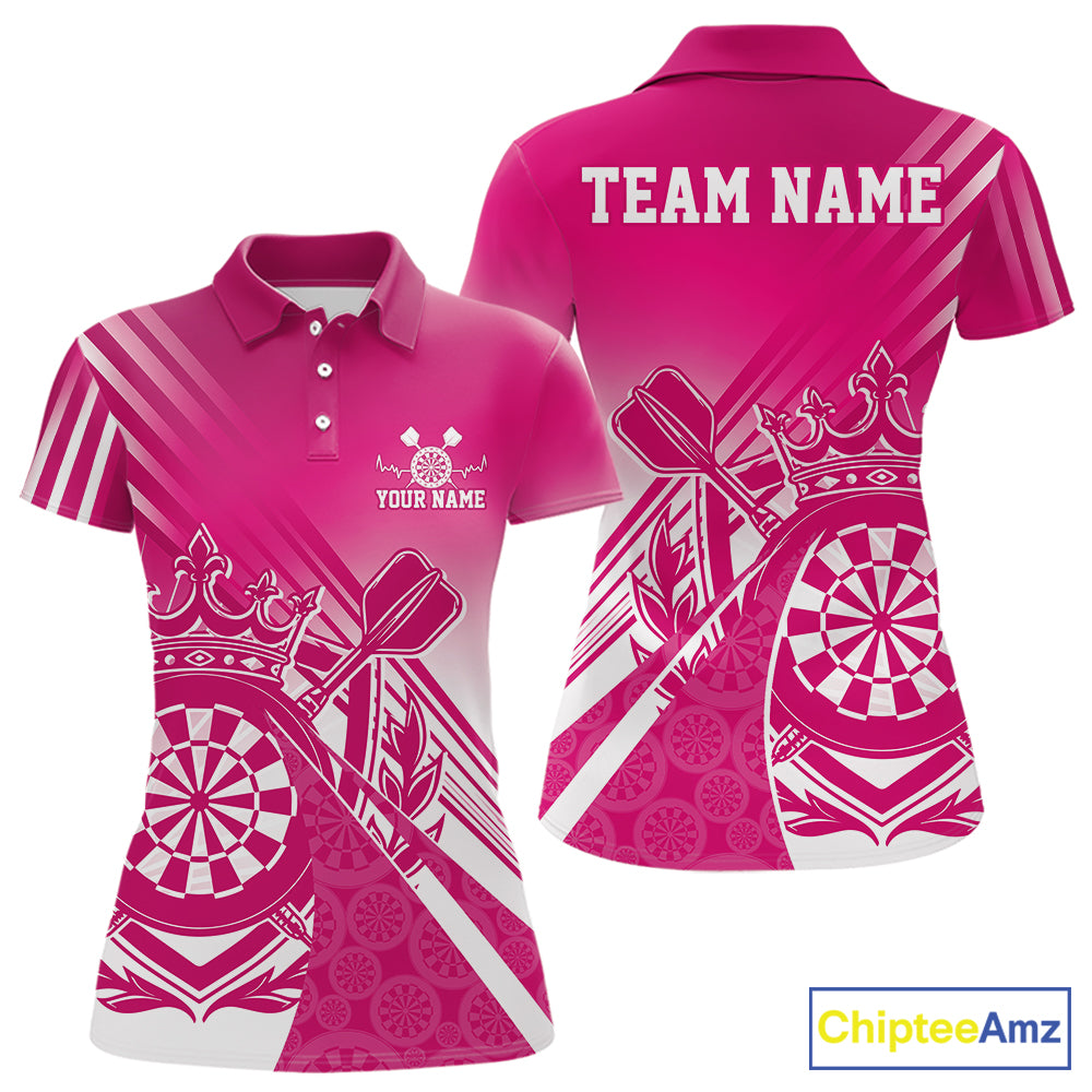 Custom Pink Dartboard Crest With Crown And Crossed Darts Women Polo Shirt, Dart Jersey IPHW12093
