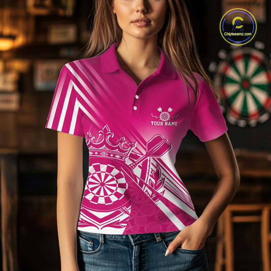 Custom Pink Dartboard Crest With Crown And Crossed Darts Women Polo Shirt, Dart Jersey IPHW12093