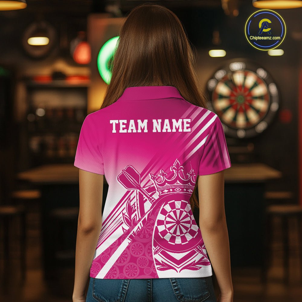 Custom Pink Dartboard Crest With Crown And Crossed Darts Women Polo Shirt, Dart Jersey IPHW12093