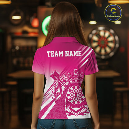 Custom Pink Dartboard Crest With Crown And Crossed Darts Women Polo Shirt, Dart Jersey IPHW12093