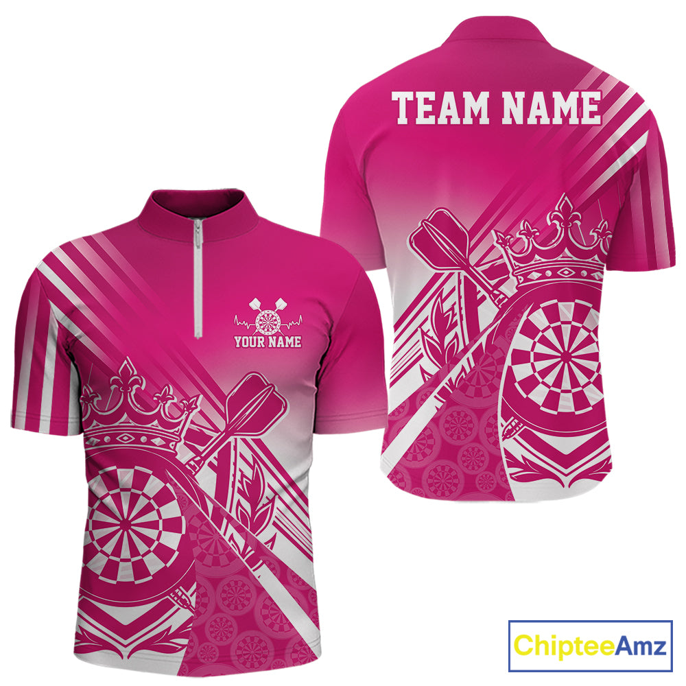 Custom Pink Dartboard Crest With Crown And Crossed Darts Men Quarter Zip Shirt, Dart Jersey IPHW12093