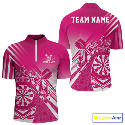 Custom Pink Dartboard Crest With Crown And Crossed Darts Men Quarter Zip Shirt, Dart Jersey IPHW12093