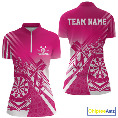 Custom Pink Dartboard Crest With Crown And Crossed Darts Women Quarter-Zip Shirt Jersey IPHW12093