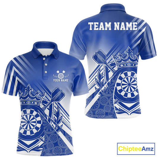 Custom Blue Dartboard Crest With Crown And Crossed Darts Men Polo Shirt, Dart Jersey IPHW12094