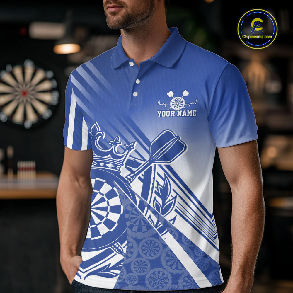 Custom Blue Dartboard Crest With Crown And Crossed Darts Men Polo Shirt, Dart Jersey IPHW12094