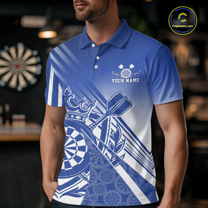 Custom Blue Dartboard Crest With Crown And Crossed Darts Men Polo Shirt, Dart Jersey IPHW12094