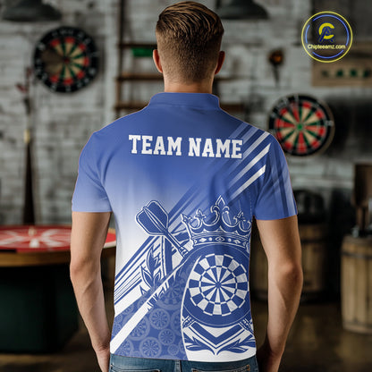 Custom Blue Dartboard Crest With Crown And Crossed Darts Men Polo Shirt, Dart Jersey IPHW12094