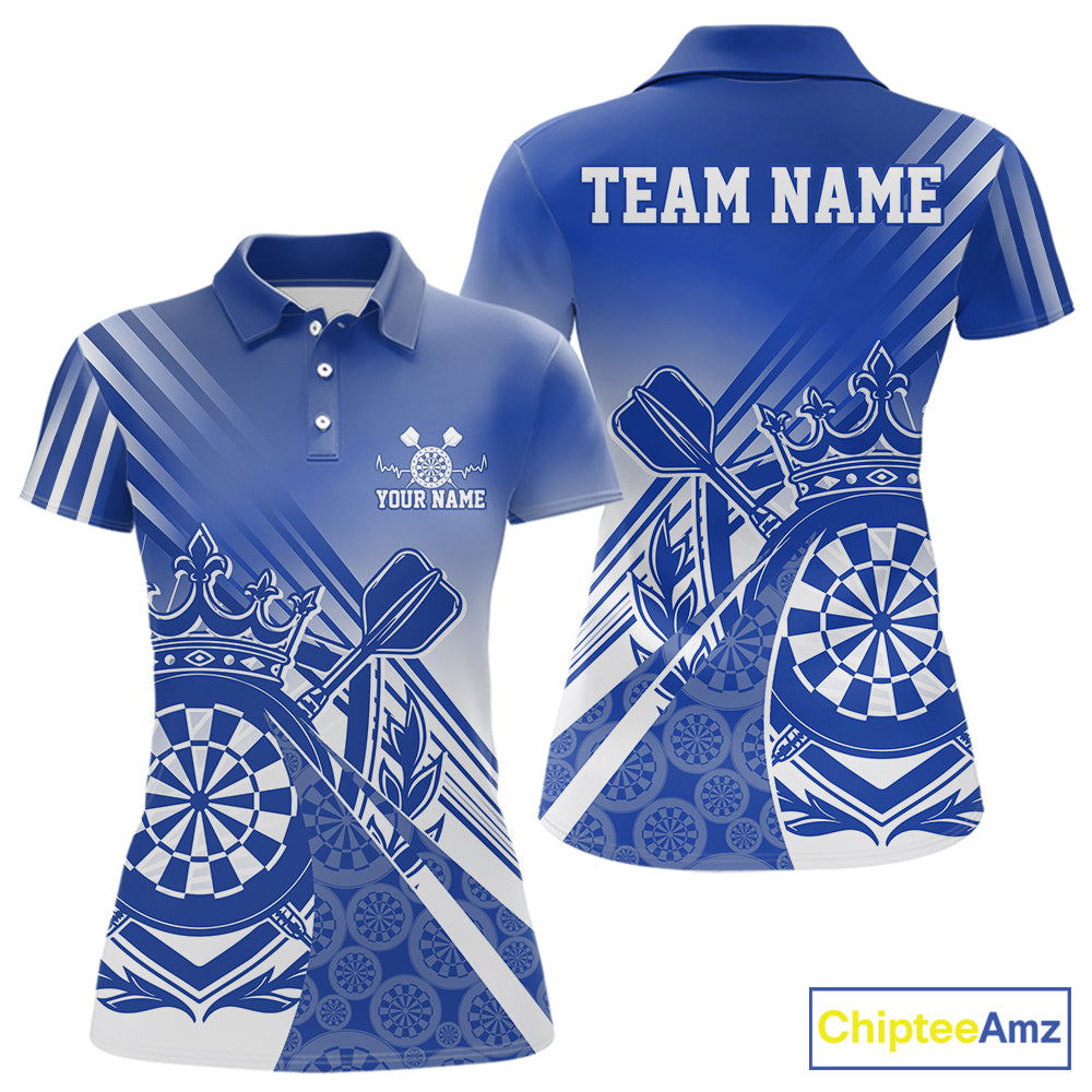 Custom Blue Dartboard Crest With Crown And Crossed Darts Women Polo Shirt, Dart Jersey IPHW12094