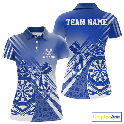 Custom Blue Dartboard Crest With Crown And Crossed Darts Women Polo Shirt, Dart Jersey IPHW12094