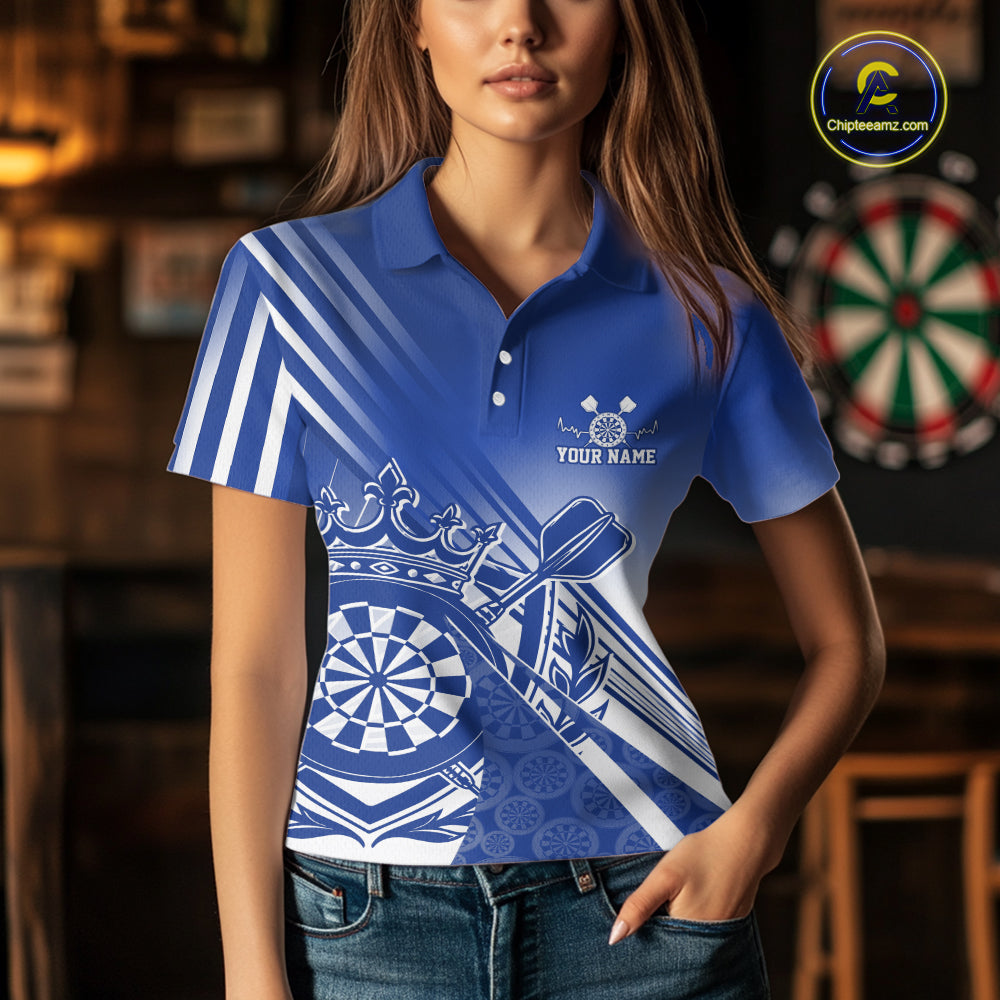 Custom Blue Dartboard Crest With Crown And Crossed Darts Women Polo Shirt, Dart Jersey IPHW12094