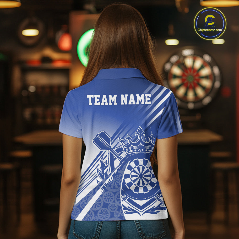 Custom Blue Dartboard Crest With Crown And Crossed Darts Women Polo Shirt, Dart Jersey IPHW12094