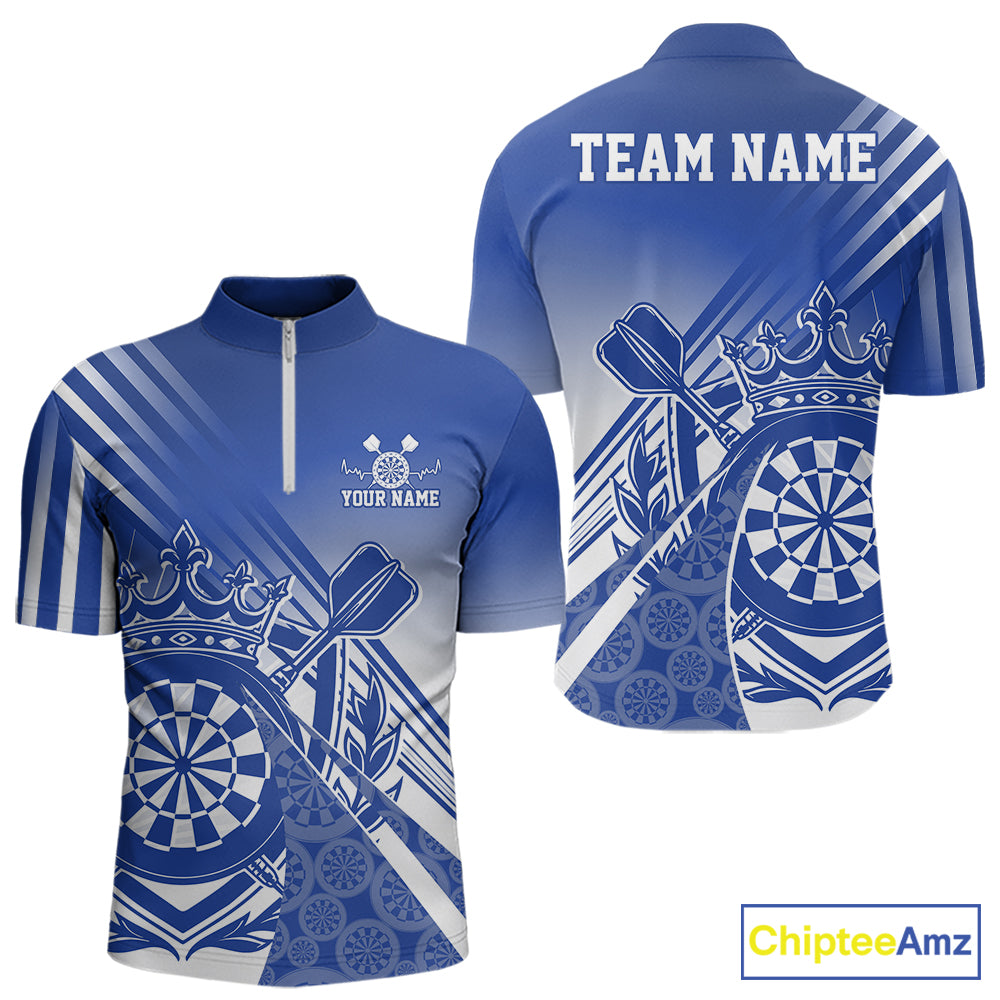 Custom Blue Dartboard Crest With Crown And Crossed Darts Men Quarter Zip Shirt, Dart Jersey IPHW12094