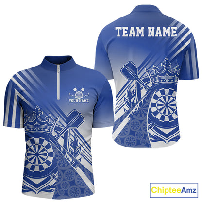 Custom Blue Dartboard Crest With Crown And Crossed Darts Men Quarter Zip Shirt, Dart Jersey IPHW12094