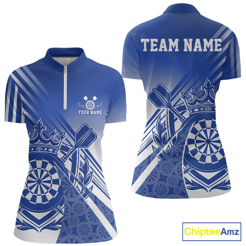 Custom Blue Dartboard Crest With Crown And Crossed Darts Women Quarter-Zip Shirt Jersey IPHW12094