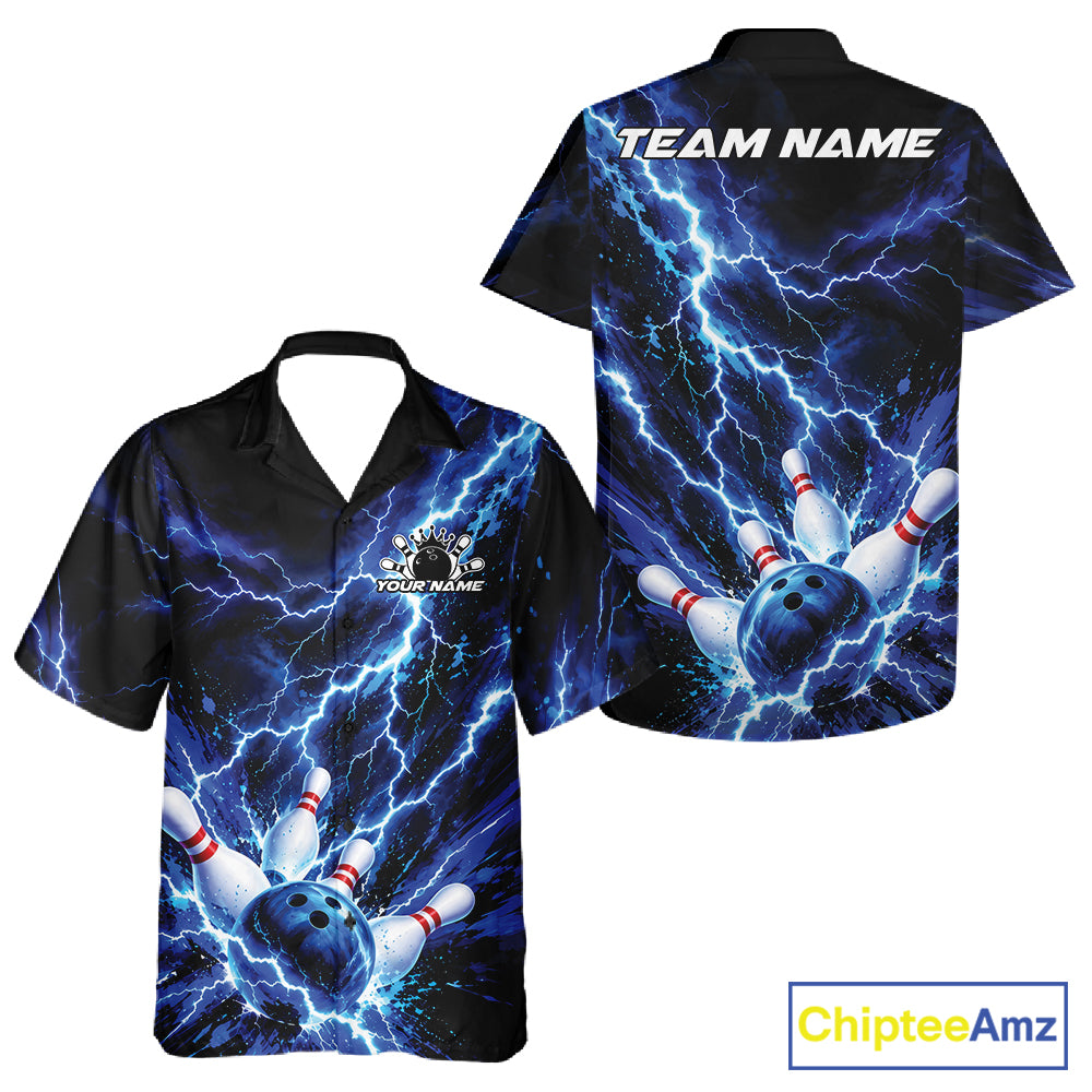 Custom Blue Lightning Bowling Team Men And Women Button Up Shirt, Bowling Tournament Jerseys IPHW12380