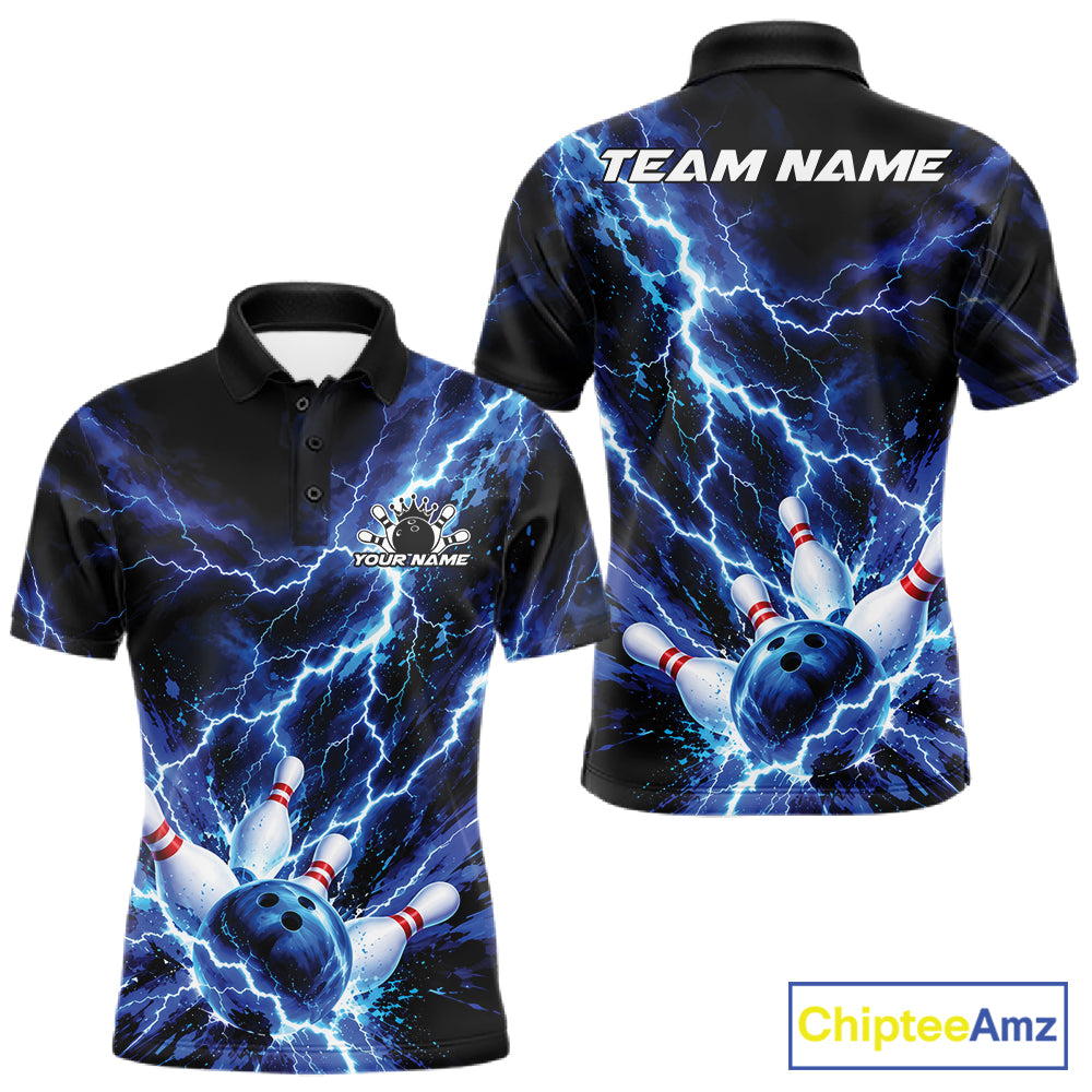 Custom Blue Lightning Bowling Team Men Polo Shirt, Bowling Tournament Jerseys IPHW12380