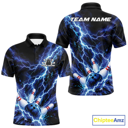 Custom Blue Lightning Bowling Team Men Polo Shirt, Bowling Tournament Jerseys IPHW12380