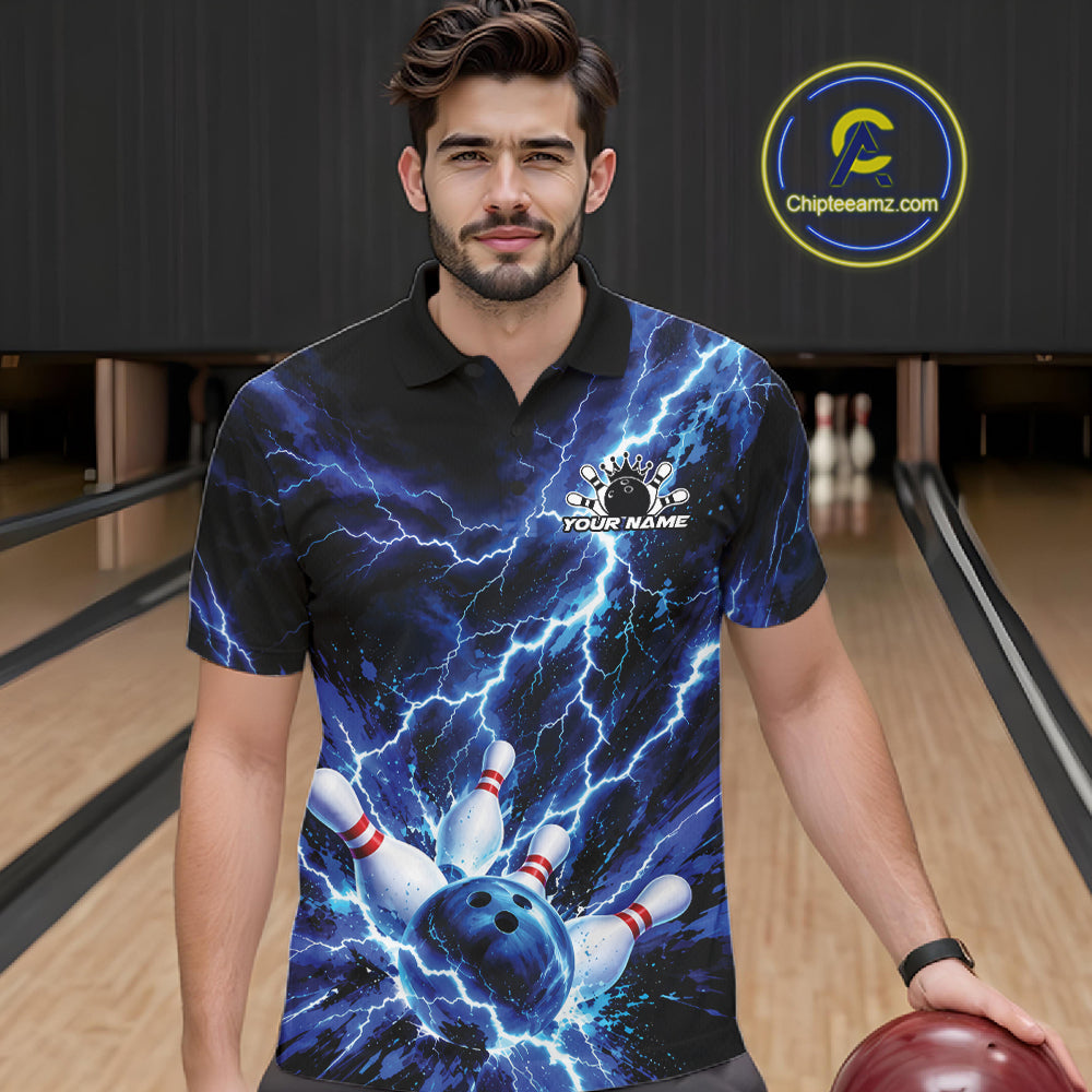 Custom Blue Lightning Bowling Team Men Polo Shirt, Bowling Tournament Jerseys IPHW12380