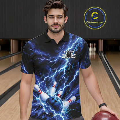 Custom Blue Lightning Bowling Team Men Polo Shirt, Bowling Tournament Jerseys IPHW12380