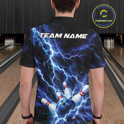 Custom Blue Lightning Bowling Team Men Polo Shirt, Bowling Tournament Jerseys IPHW12380