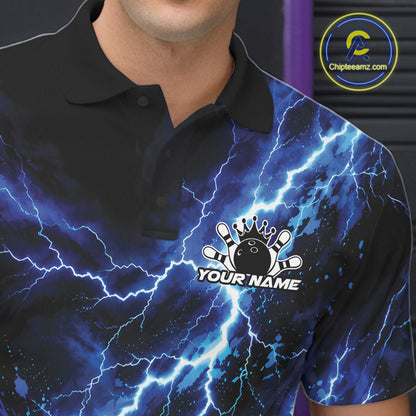Custom Blue Lightning Bowling Team Men Polo Shirt, Bowling Tournament Jerseys IPHW12380