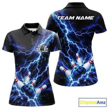 Custom Blue Lightning Bowling Team Women Polo Shirt, Bowling Tournament Jerseys IPHW12380