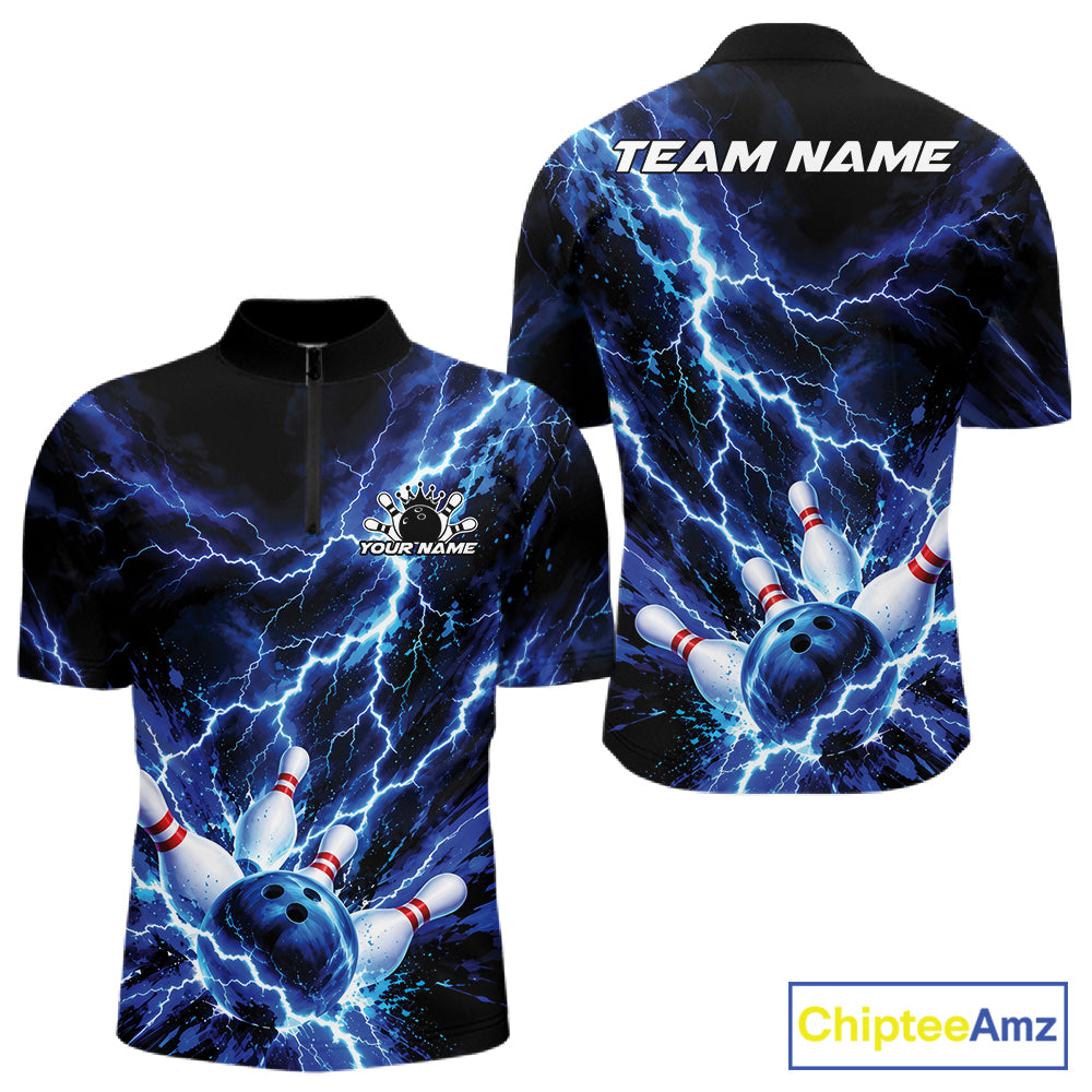 Custom Blue Lightning Bowling Team Men Quarter Zip Shirt, Bowling Tournament Jerseys IPHW12380