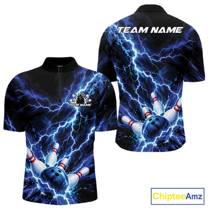Custom Blue Lightning Bowling Team Men Quarter Zip Shirt, Bowling Tournament Jerseys IPHW12380