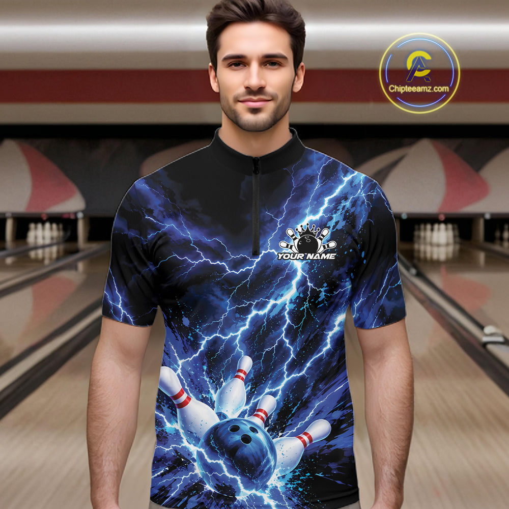 Custom Blue Lightning Bowling Team Men Quarter Zip Shirt, Bowling Tournament Jerseys IPHW12380